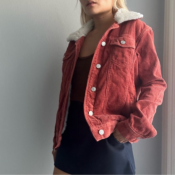 PacSun Faux Fur Collar Corduroy Oversized Jacket in Rust - Picture 3 of 14